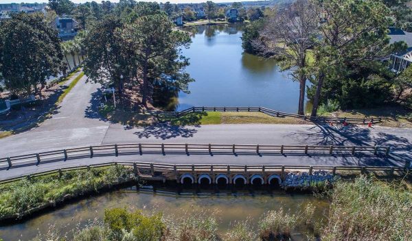 Aerial view of a stormwater lake and roadways