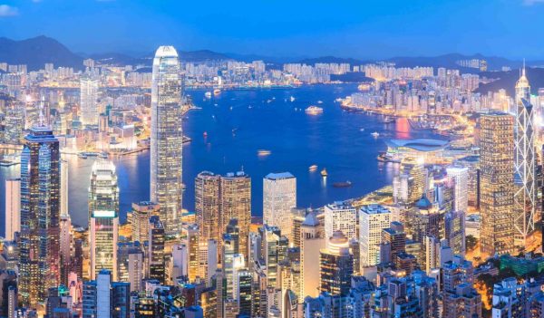 Panorama of Hong Kong skyline at night from Victoria Peak.