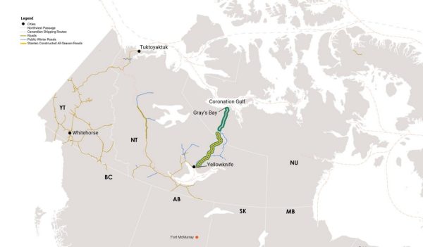 Map of roads Stantec has been involved in construction in the Canadian Arctic.