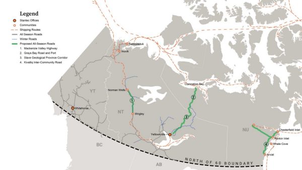 Graphic map showing proposed seasonal roads, in green, in the Canadian arctic.