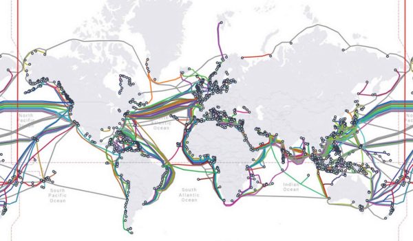 Map showing telecommunications cables that criss crossmore than 900,000 miles of the worlds oceans.