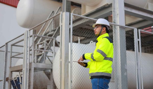 Man in a hard had and yellow safety jacket on a construction site standing near gas tanks.