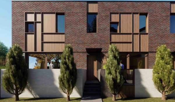 Rendering of the buiding exteiror that is a combination of brick and wood.