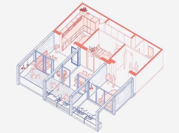 #D line drawing of a condo suite floor plan. 