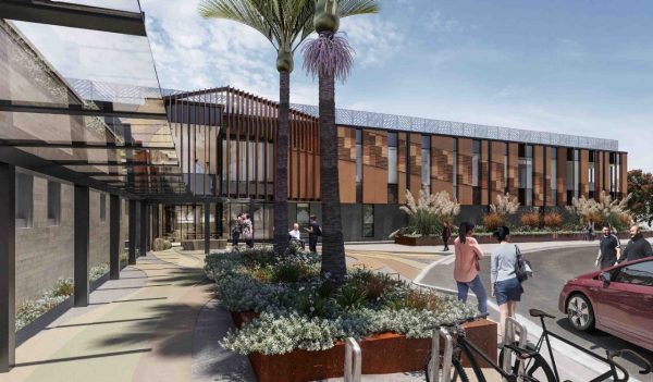 Rendering of hospital exterior entrance.