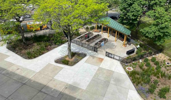 Aerial view of pathways and greenery