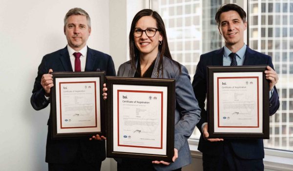 Left to right: BSI Assurance Director of Sales, Canada, Pierre Dovala; Stantec Vice President, Practice Services, Denise Pothier , and BSI Assurance Americas Vice President and Global Accounts Operations Director, Marc Rougeot