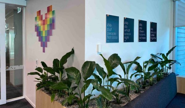 Office wall with plants and posters