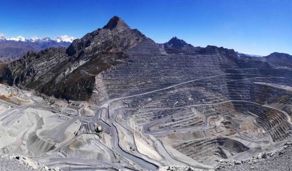 Aerial view of open pit mine site. 