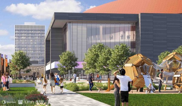 Rendering of downtown street with people, play area and buildings