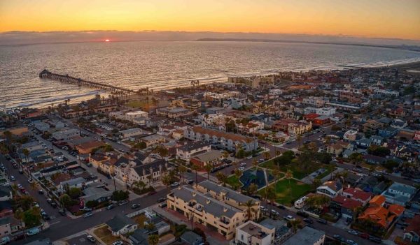 Aerial view of Imperial Beach and buildings, California with Tijuana, Mexico in the distance