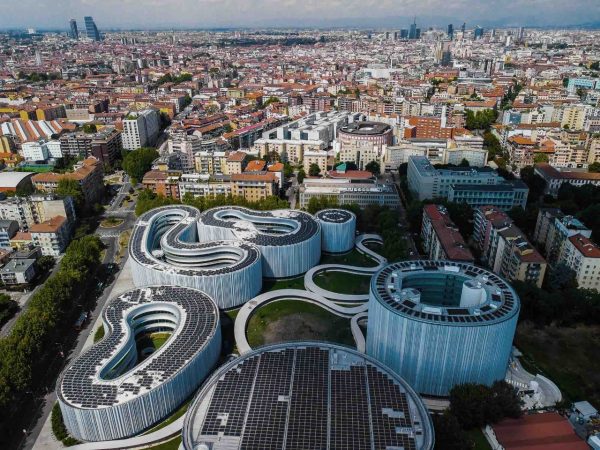 Aerial view of solar panels on the roof of Bocconi University Milan