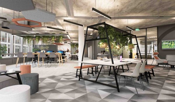 Visualisation of inside an office with seating areas and desks