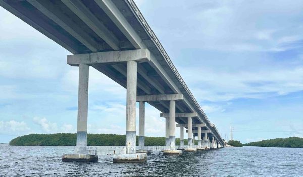 A view of the bridge looking up from the water