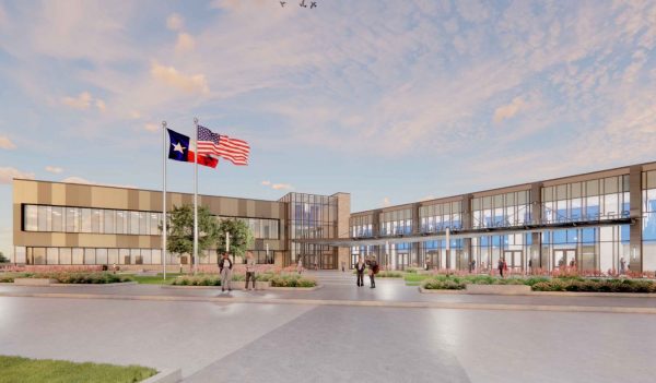 Rendering of the exterior building main entrance with walkways, people, plants, and flags flying