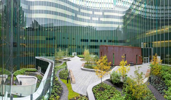 Rendering of interior courtyard with paths and greenery