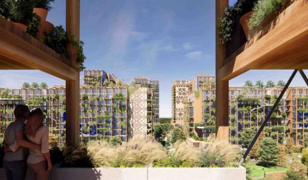 Rendering of the building complex with multiple green buildings.