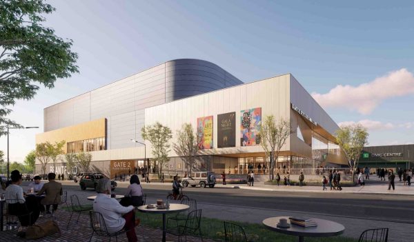 Rendering of the exterior building and street with people at sidewalk tables across the street
