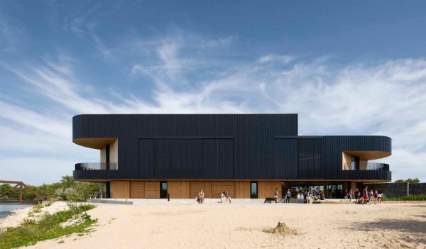 Exterior building with lake and beach area