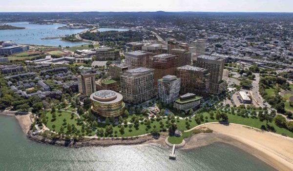 Aerial view of the city along the waterfront