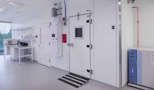 Interior of a lab with a cold room.