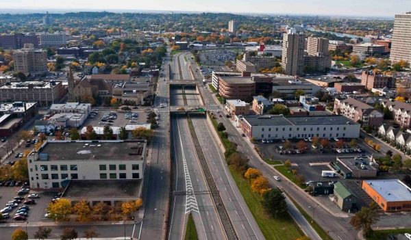 Overhead view of a main roadway through a city