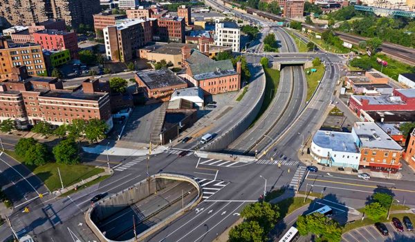 Overhead view of a main roadway through a city