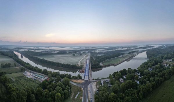 Aerial view of the bridge over the river