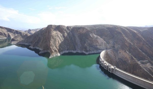 Aerial view of water held by dam