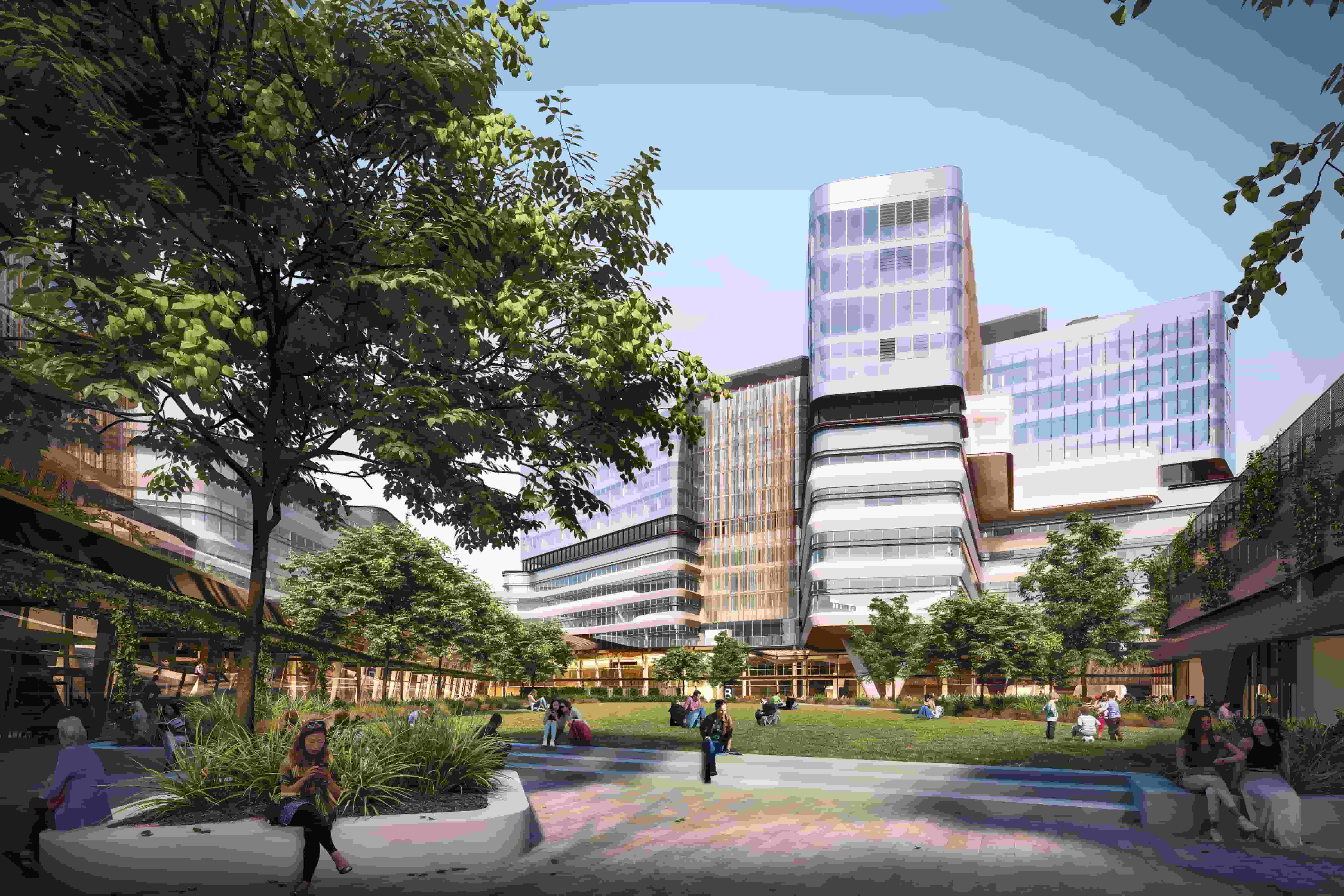 Rendering of a path with people walking leading up to the new hospital building