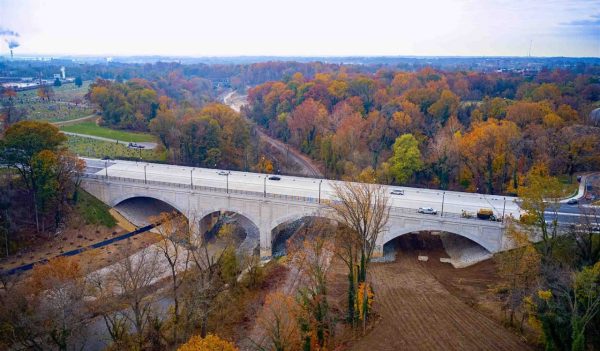 Aerial view of a bridge over a river