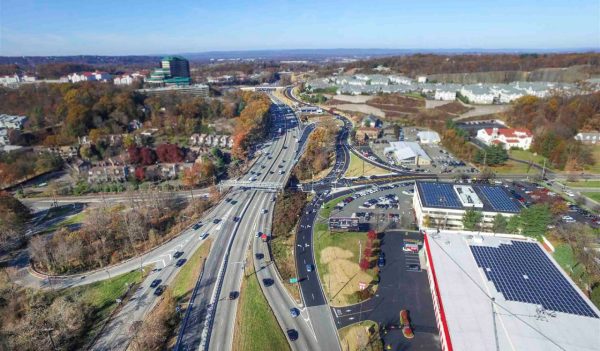 Aerial view of the roadway through an industrial area