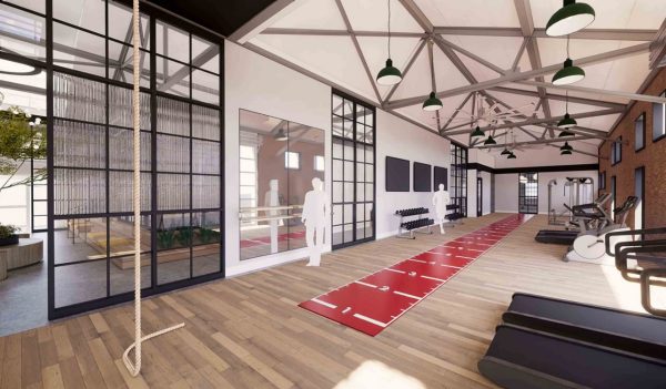 Interior rendering of  an amenity space (gym) in a building.