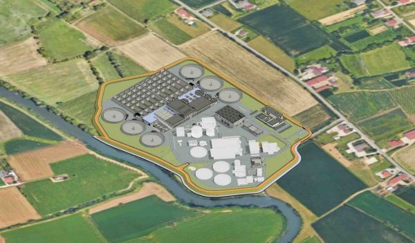 Aerial rendering of the Casale sewage treatment plant expansion surrounded by green fields.