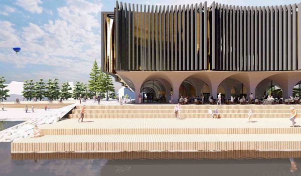 Exterior rendering of outside plaza along the rive with stairs. Side of building featuring architectural feature of vertical wooden slats over brass panels.