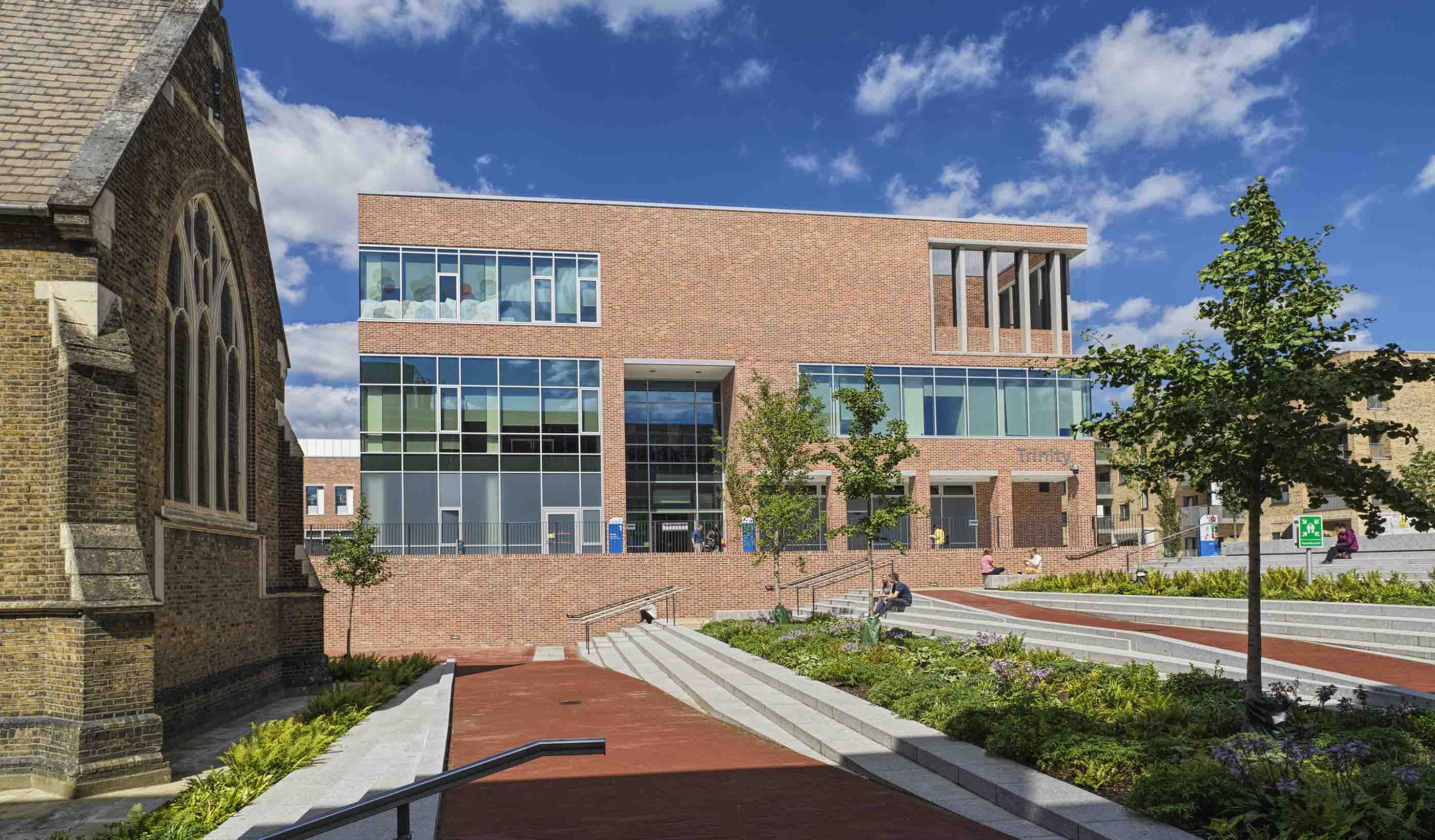 Exterior building with walkways and plantings