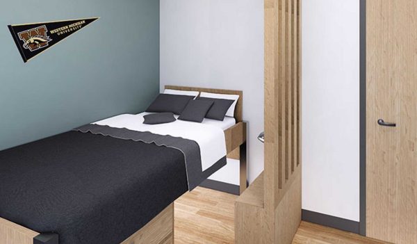 Rendereing of an elevated  dorm bed with storage underneath.